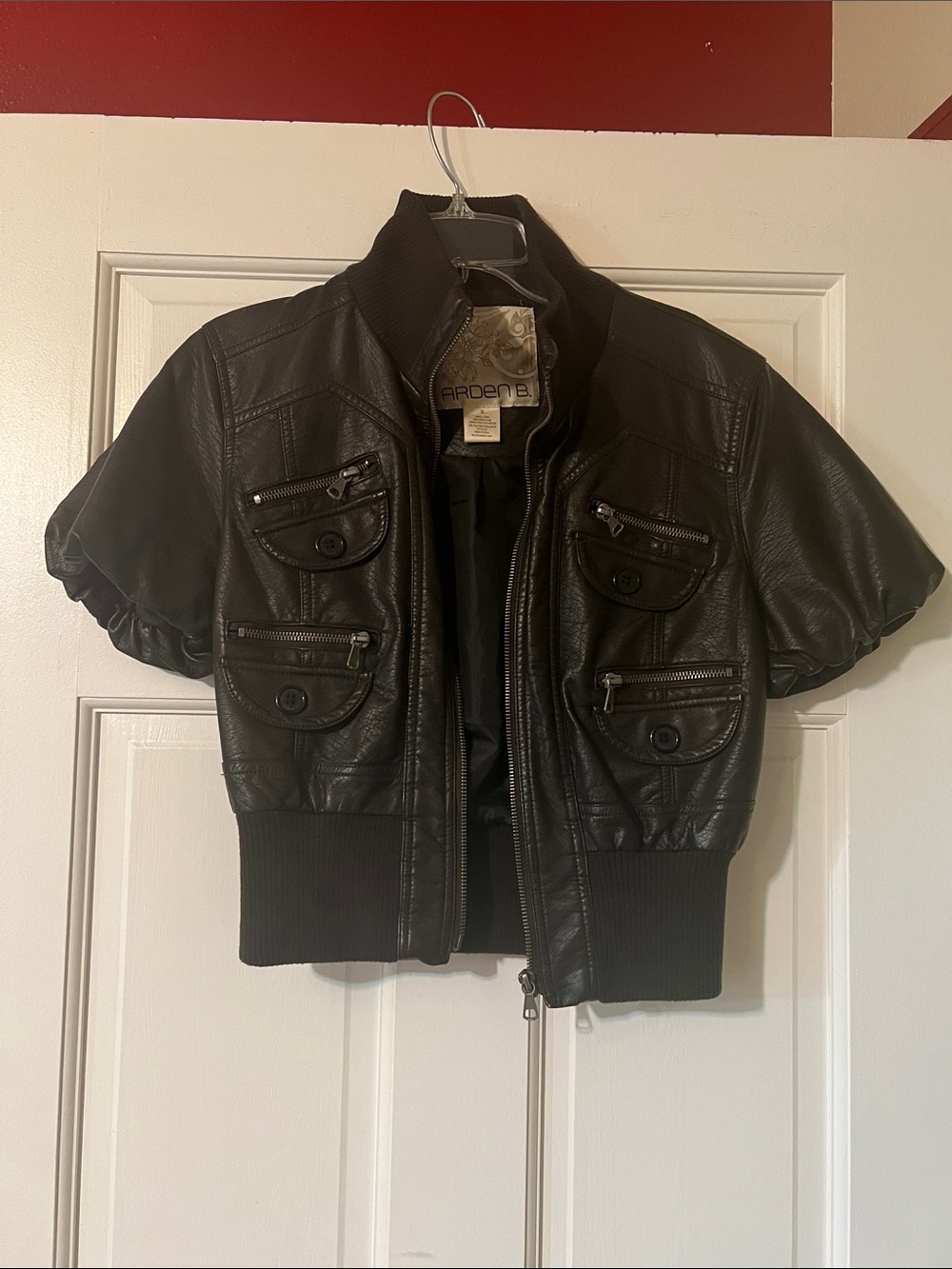 Arden B Black Short-Sleeve Faux Leather Bomber Vest